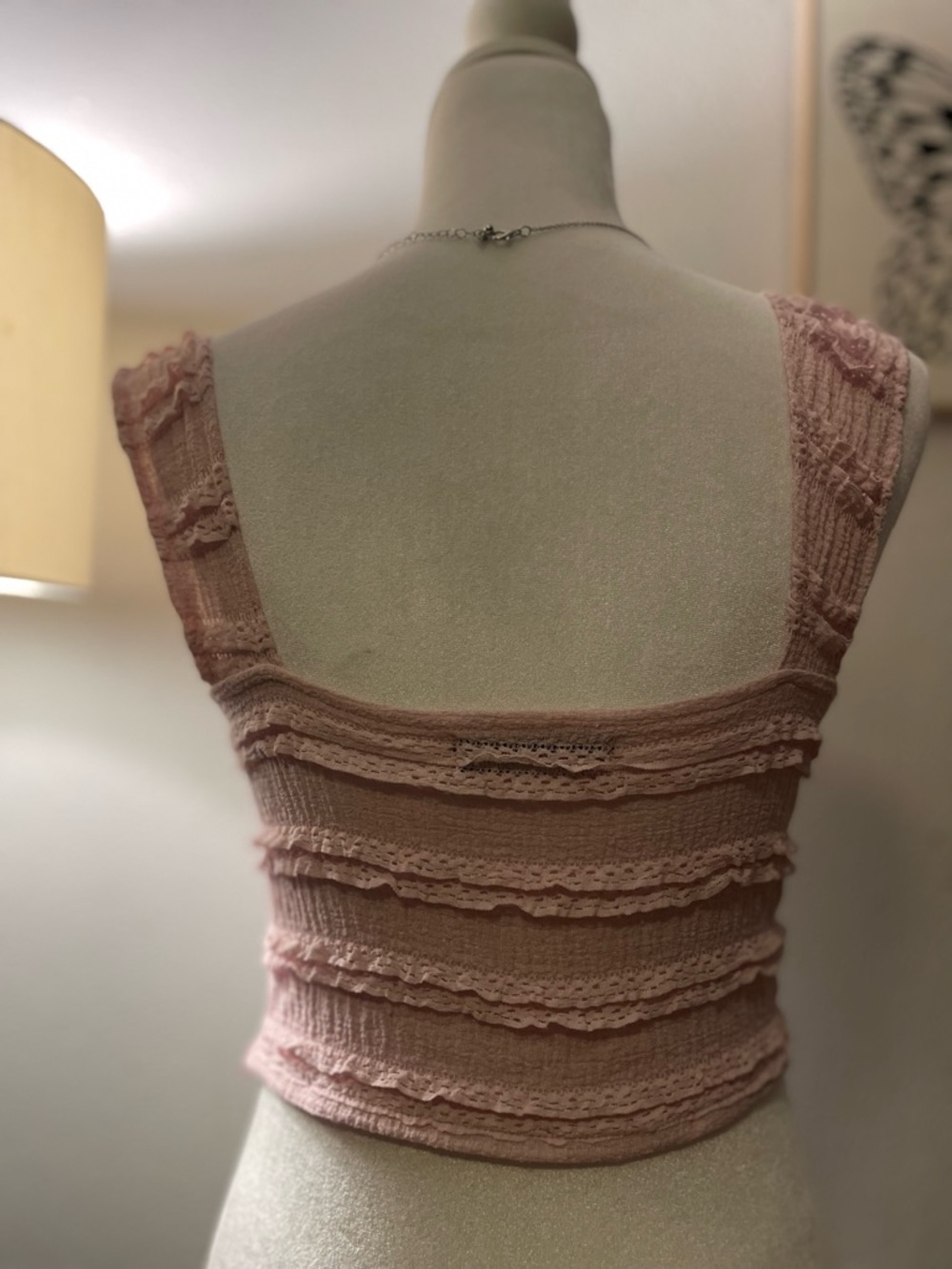 Women’s Pink Ruffled Square-Neck Crop Top - Picture 2 of 3